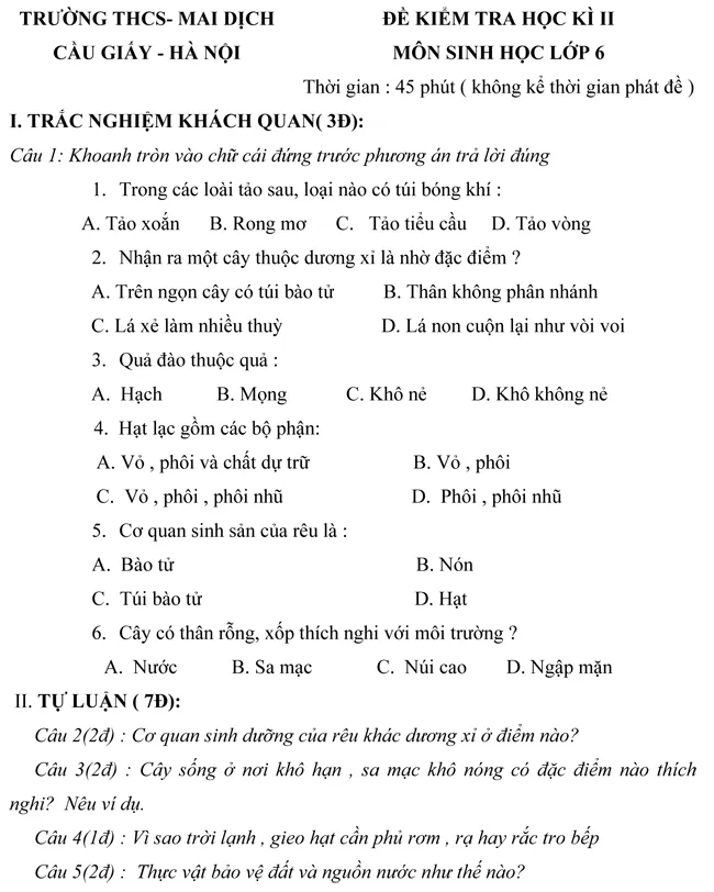 Đề kiểm tra học kì II lớp 6 môn Sinh học trường THCS Mai Dịch – Hà Nội