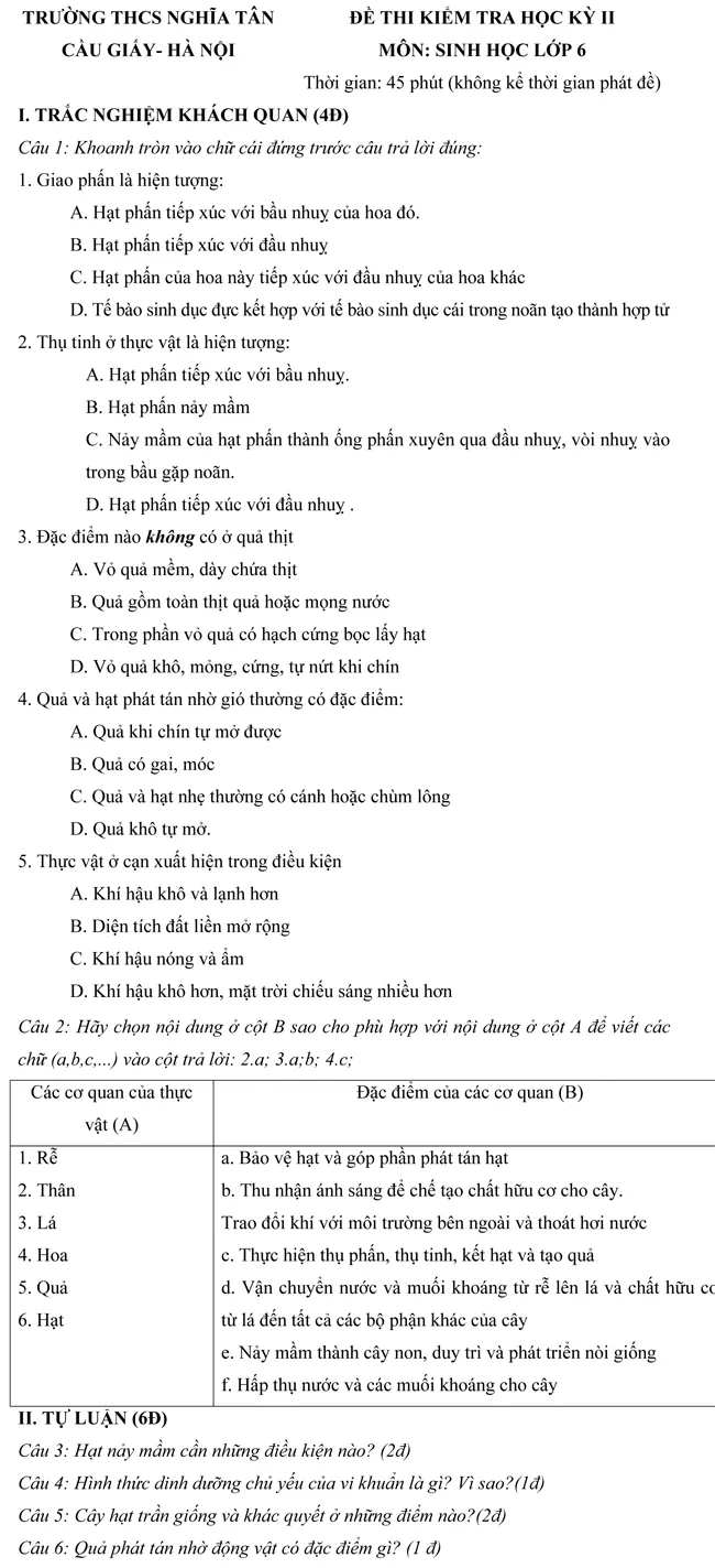 Đề kiểm tra học kì II lớp 6 môn Sinh học trường THCS Nghĩa Tân – Hà Nội