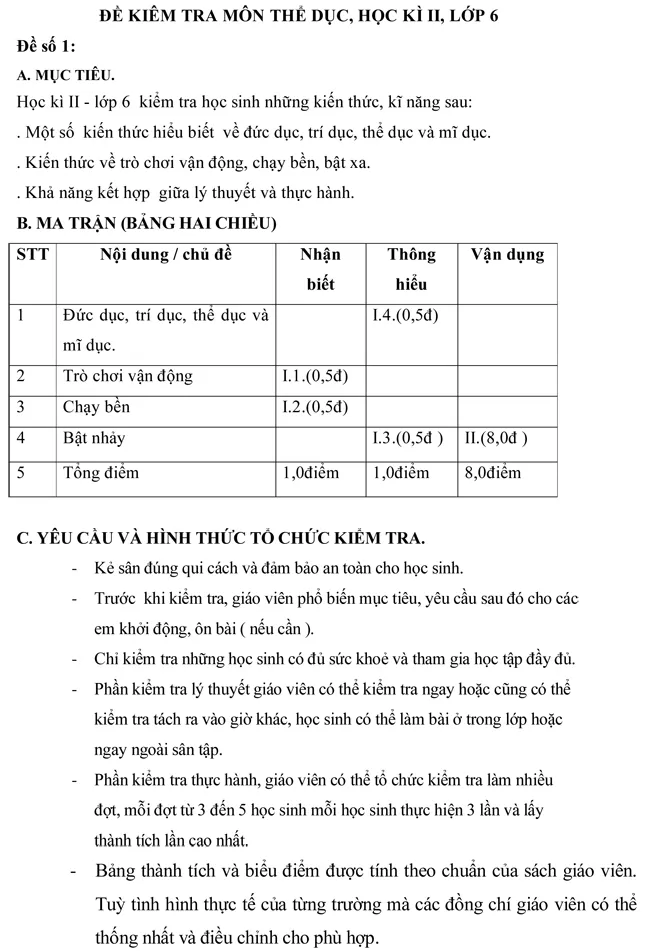 Đề kiểm tra học kì II lớp 6 môn Thể dục – Đề số 1