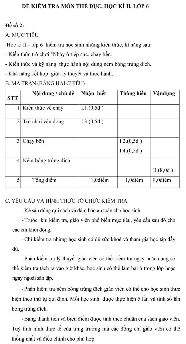 Đề kiểm tra học kì II lớp 6 môn Thể dục – Đề số 2