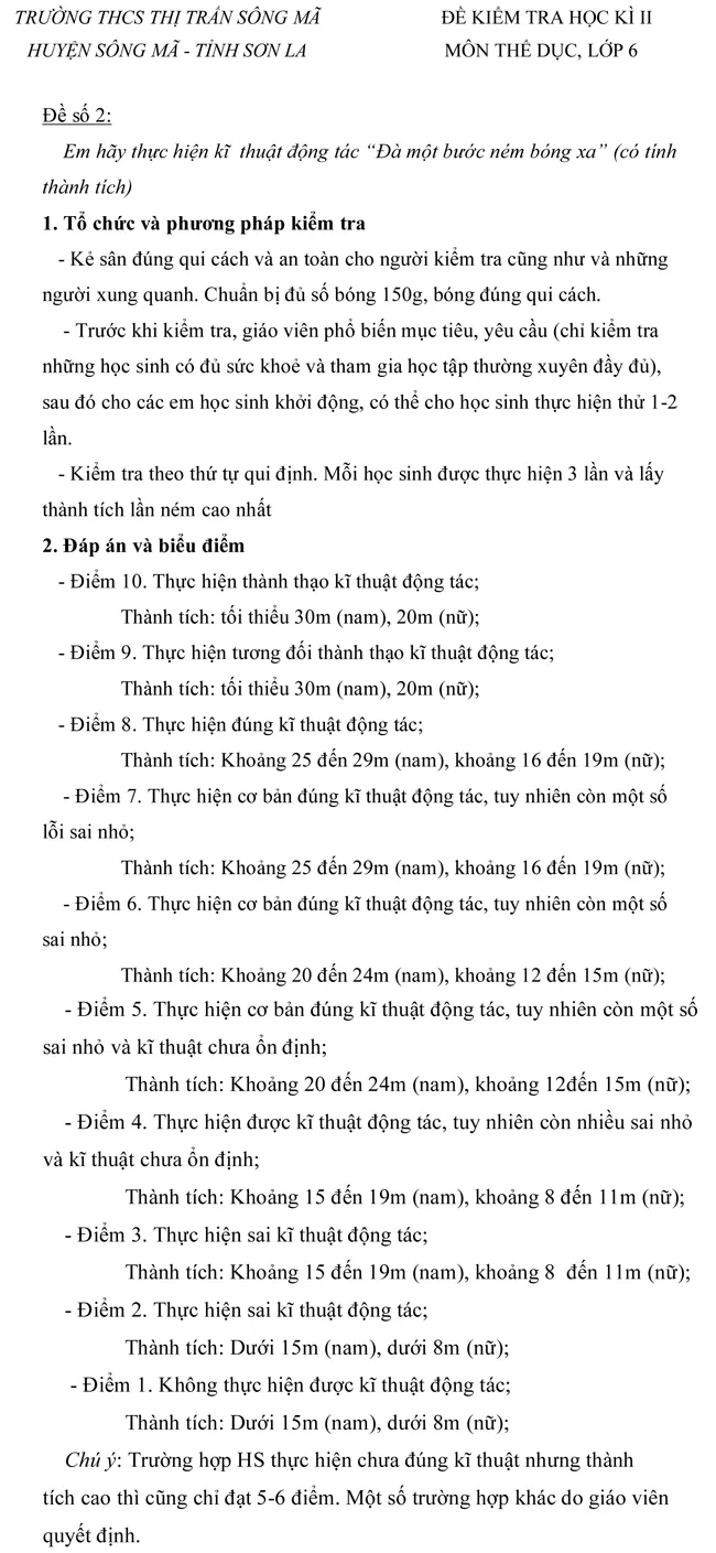 Đề kiểm tra học kì II lớp 6 môn Thể dục trường THCS Thị Trấn Sông Mã – Sơn La ( Đề 1)