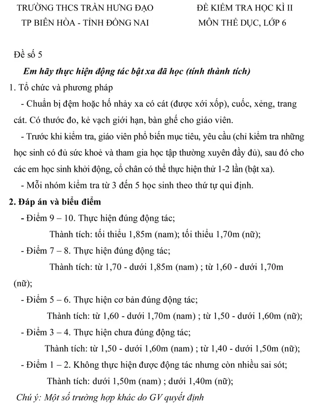 Đề kiểm tra học kì II lớp 6 môn Thể dục trường THCS Trần Hưng Đạo – Đồng Nai ( Đề 5)