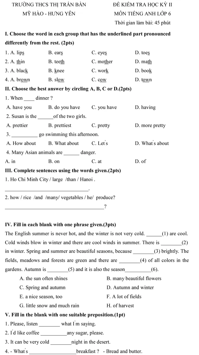 Đề kiểm tra học kì II lớp 6 môn tiếng Anh trường THCS Thị Trấn Bần – Hưng Yên