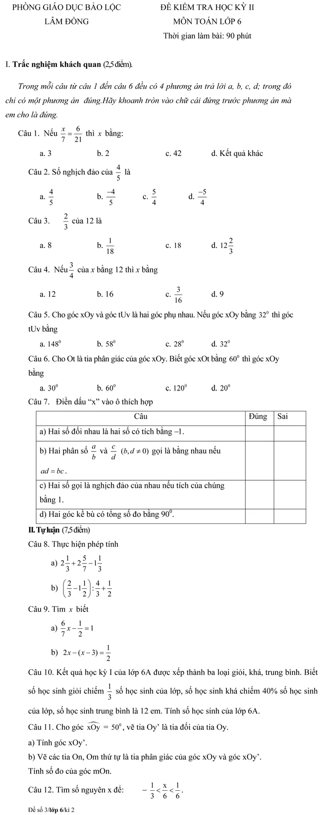 Đề kiểm tra học kì II lớp 6 môn Toán – Phòng Giáo dục Bảo Lộc, Lâm Đồng (Đề 3)