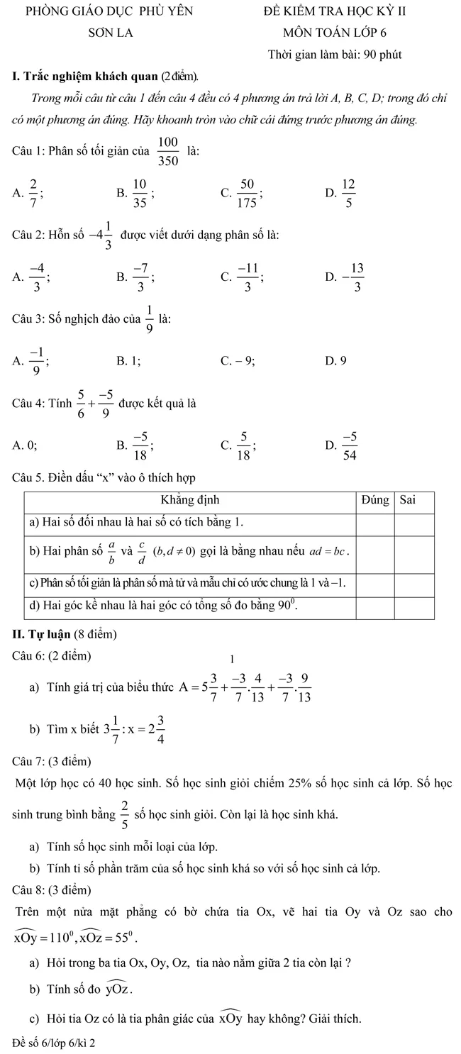 Đề kiểm tra học kì II lớp 6 môn Toán – Phòng Giáo dục Phù Yên, Sơn La (Đề 6)
