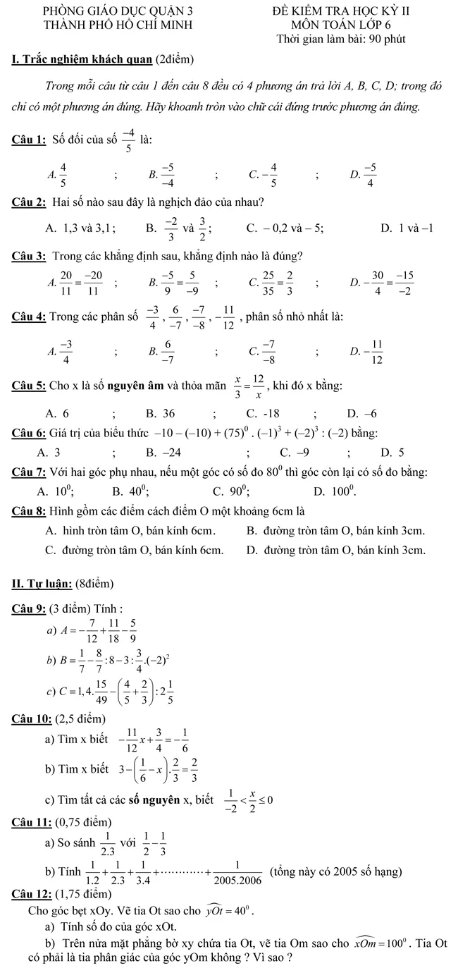 Đề kiểm tra học kì II lớp 6 môn Toán – Phòng Giáo dục Quận 3 TPHCM