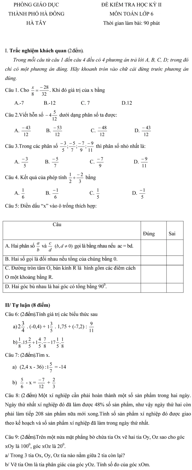 Đề kiểm tra học kì II lớp 6 môn Toán – Phòng Giáo dục TP Hà Đông