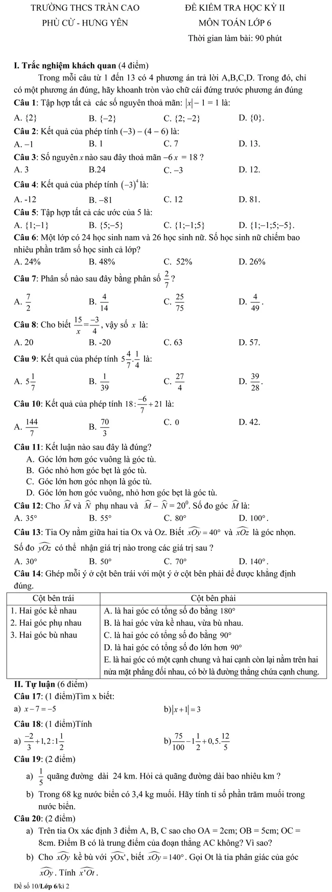 Đề kiểm tra học kì II lớp 6 môn Toán – Trường THCS Trần Cao, Hưng Yên (Đề 10)