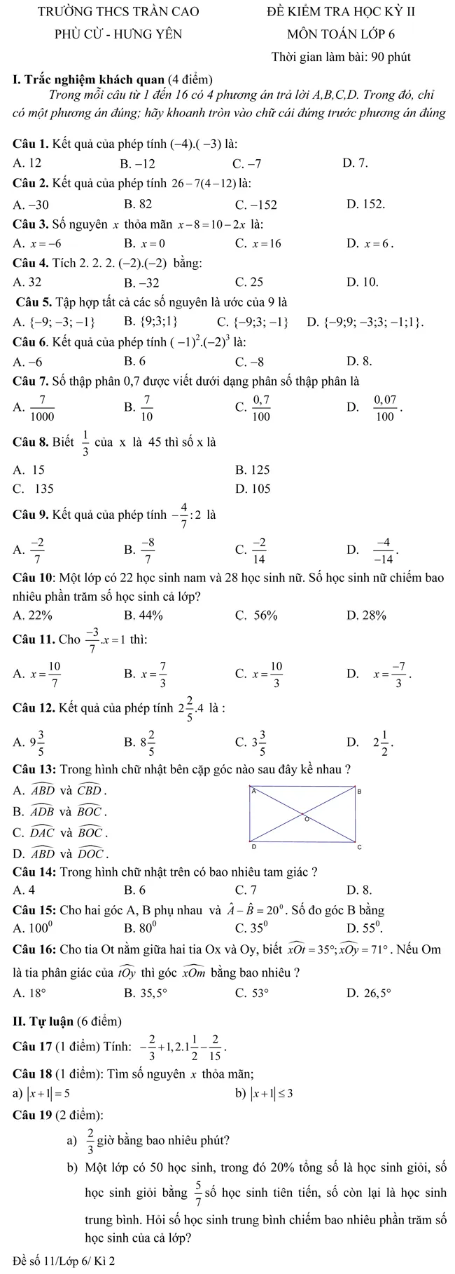 Đề kiểm tra học kì II lớp 6 môn Toán – Trường THCS Trần Cao, Hưng Yên (Đề 11)
