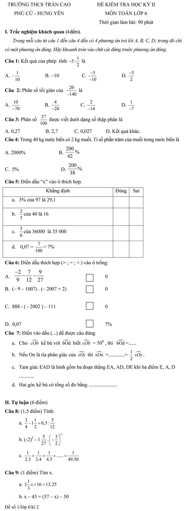 Đề kiểm tra học kì II lớp 6 môn Toán – Trường THCS Trần Cao, Hưng Yên (Đề 1)