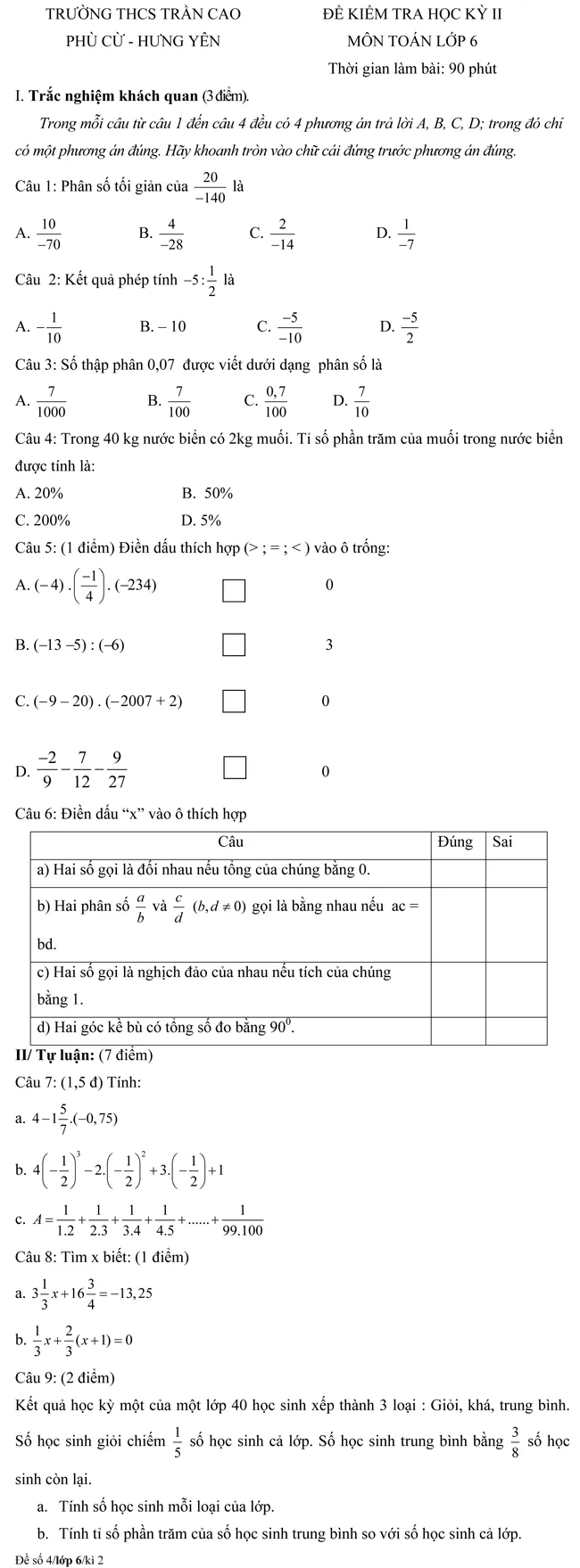 Đề kiểm tra học kì II lớp 6 môn Toán – Trường THCS Trần Cao, Hưng Yên (Đề 4)