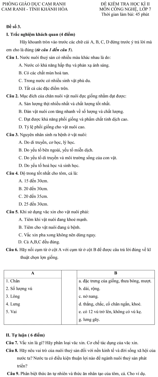 Đề kiểm tra học kì II lớp 7 môn Công nghệ – Phòng Giáo dục Cam Ranh, Khánh Hòa (Đề 3)
