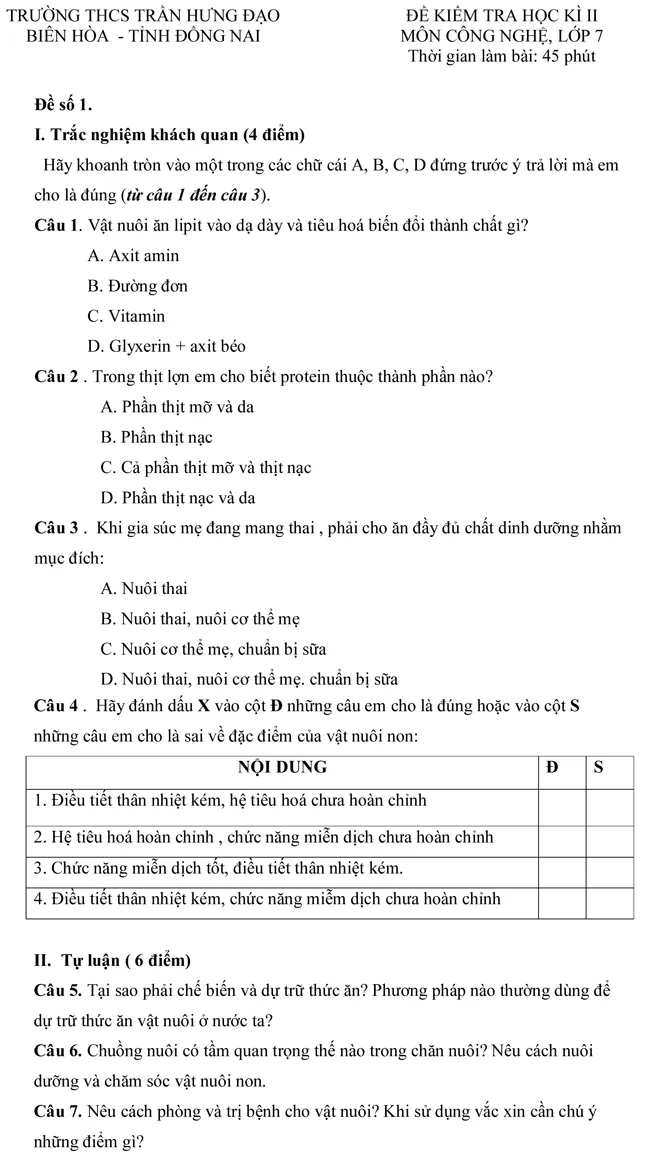 Đề kiểm tra học kì II lớp 7 môn Công nghệ – Trường THCS Trần Hưng Đạo, Đồng Nai (Đề 1)