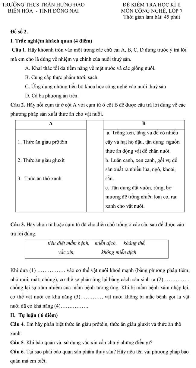 Đề kiểm tra học kì II lớp 7 môn Công nghệ – Trường THCS Trần Hưng Đạo, Đồng Nai (Đề 2)