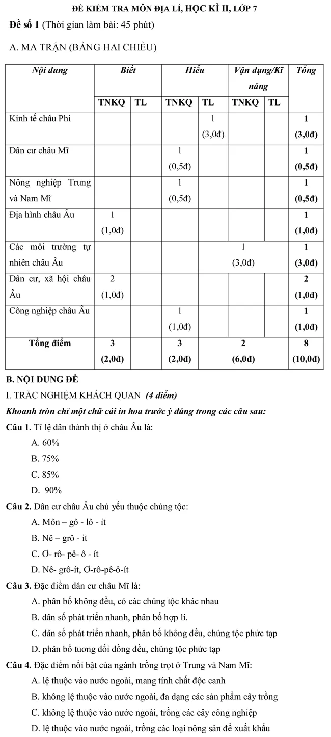 Đề kiểm tra học kì II lớp 7 môn Địa Lí – Đề số 1