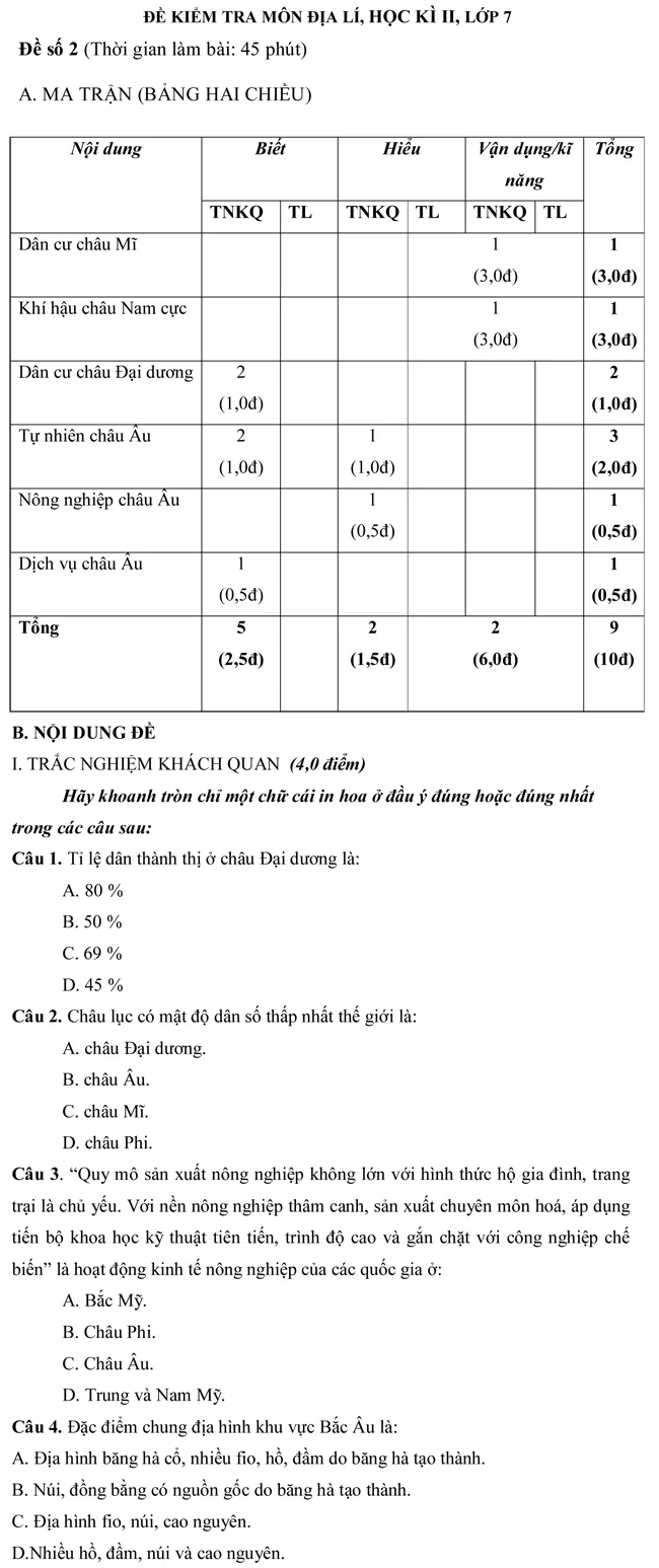 Đề kiểm tra học kì II lớp 7 môn Địa Lí – Đề số 2