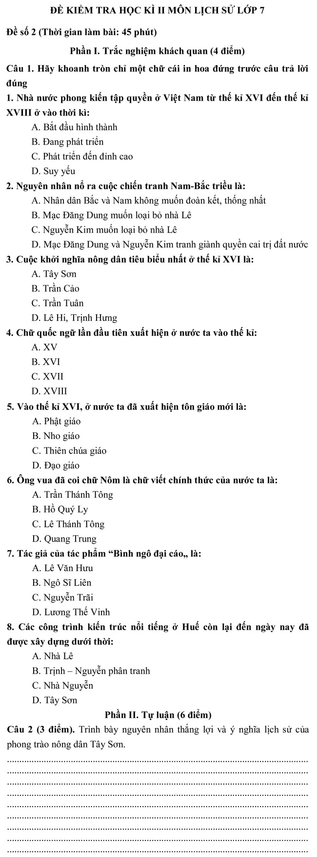 Đề kiểm tra học kì II lớp 7 môn Lịch sử – Đề số 2