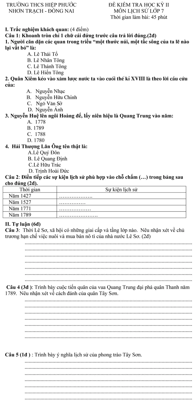 Đề kiểm tra học kì II lớp 7 môn Lịch sử – THCS Hiệp Phước, Đồng Nai (Đề 1)