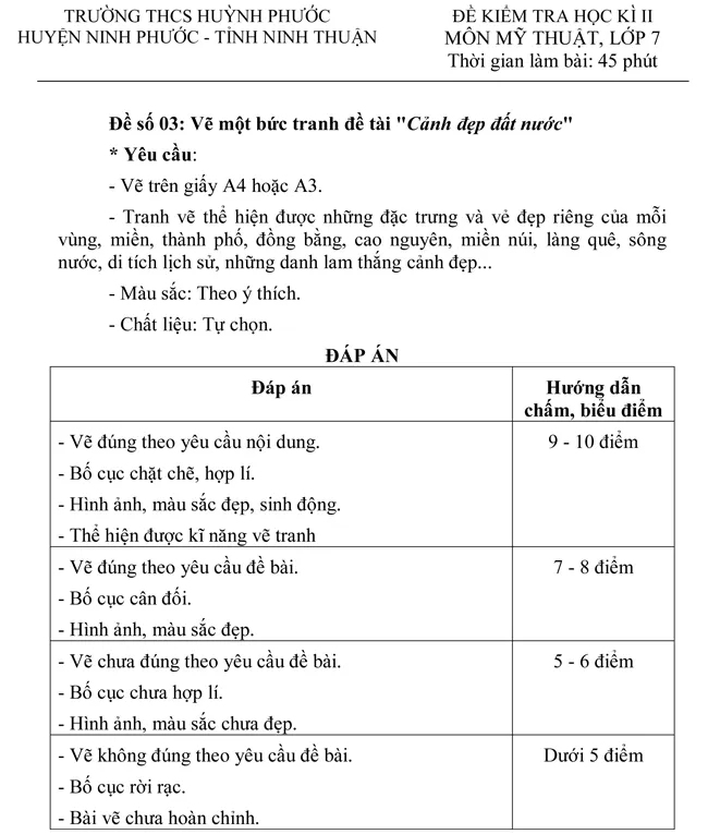 Đề kiểm tra học kì II lớp 7 môn Mỹ thuật – Trường THCS Huỳnh Phước, Ninh Thuận (Đề 3)