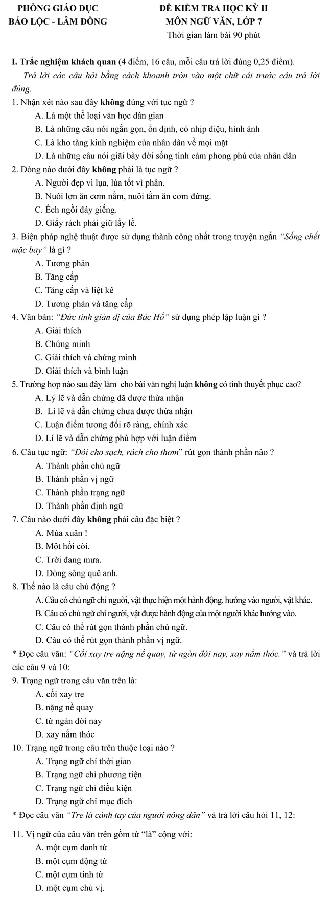 Đề kiểm tra học kì II lớp 7 môn Ngữ văn – Phòng Giáo dục Bảo Lộc, Lâm Đồng