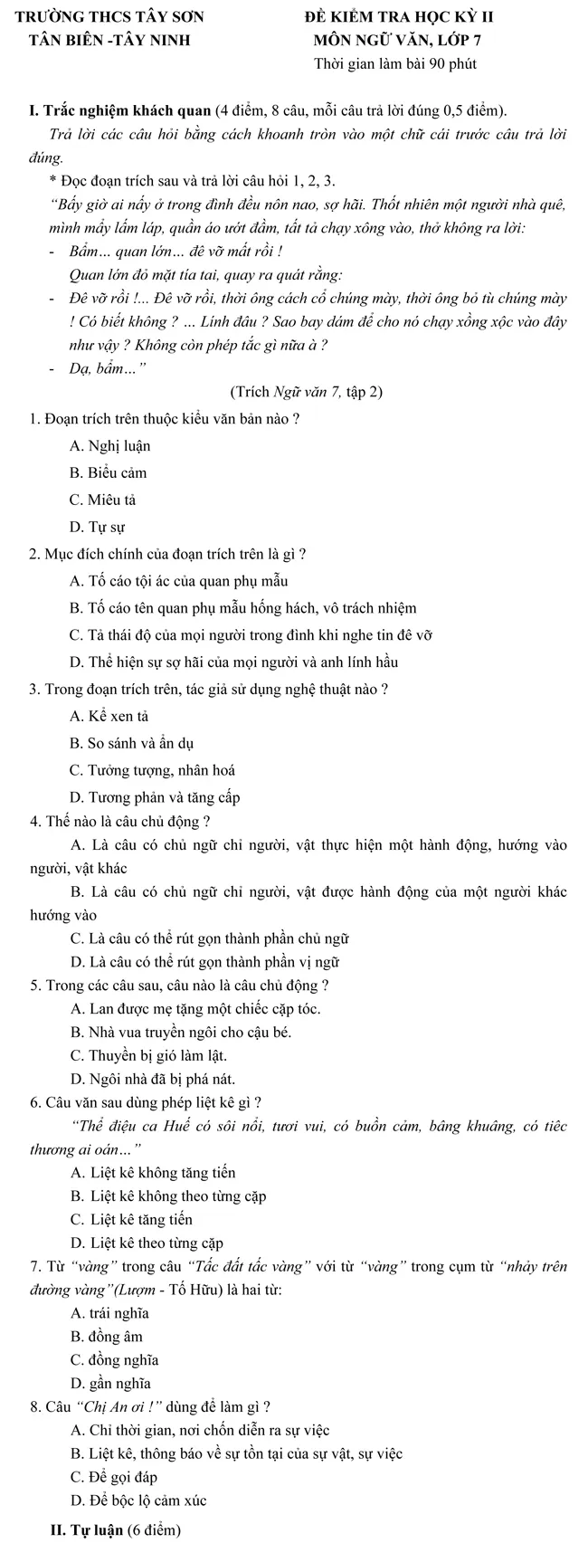 Đề kiểm tra học kì II lớp 7 môn Ngữ văn – THCS Tây Sơn, Tây Ninh (Đề 1)