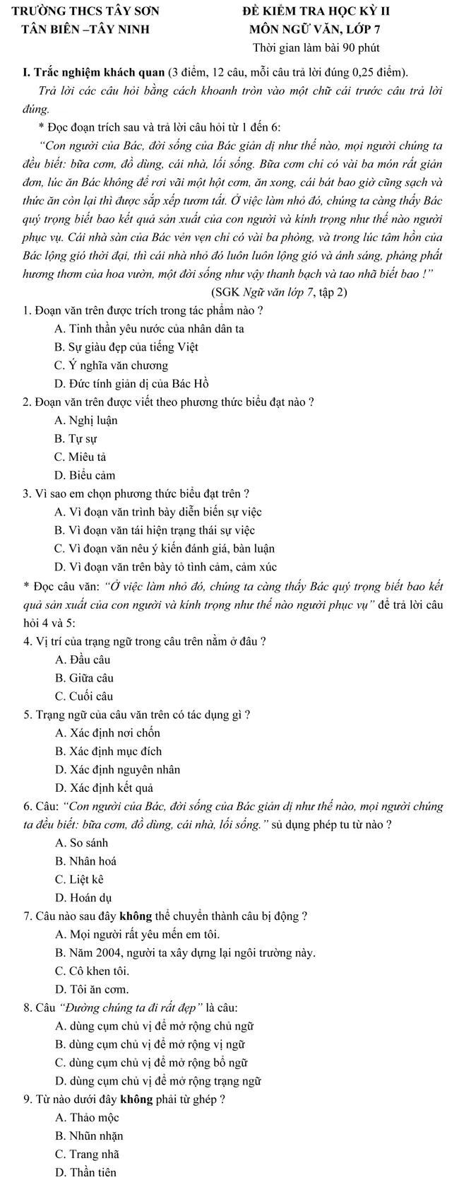 Đề kiểm tra học kì II lớp 7 môn Ngữ văn – THCS Tây Sơn, Tây Ninh (Đề 2)