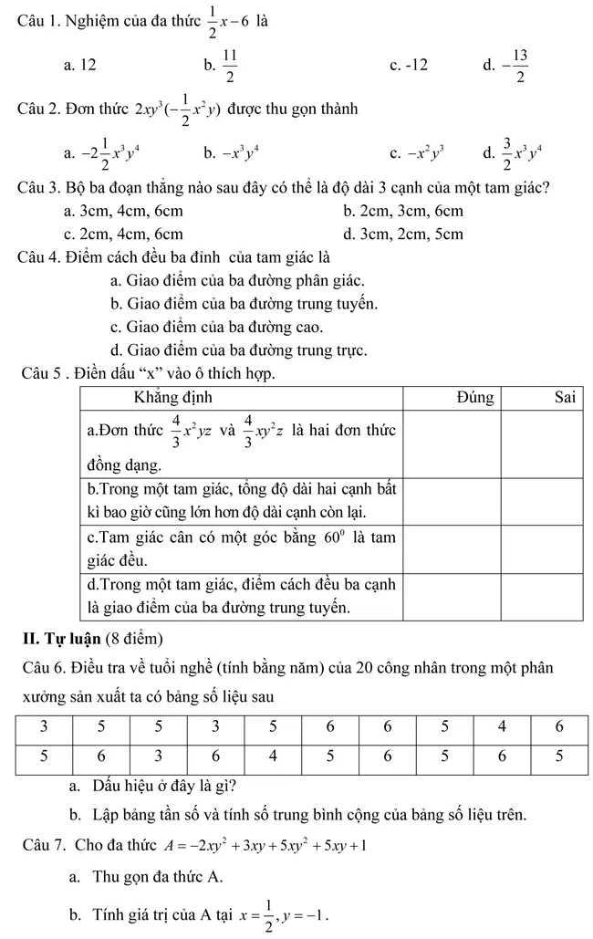 Đề kiểm tra học kì II lớp 7 môn Toán – Sở Giáo dục và Đào tạo Lâm Đồng (Đề 2)