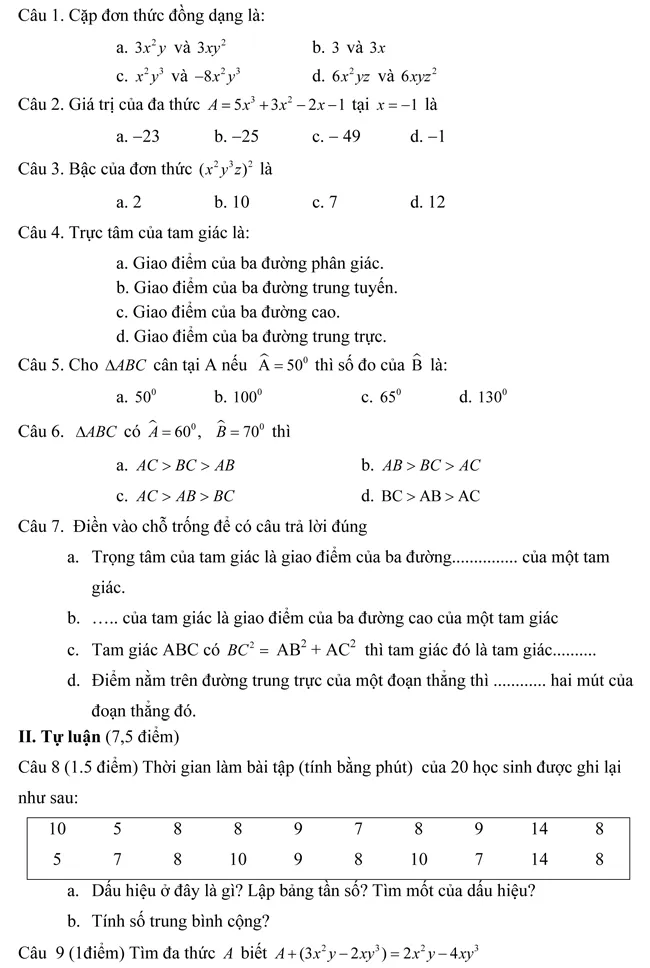 Đề kiểm tra học kì II lớp 7 môn Toán – Sở Giáo dục và Đào tạo Lâm Đồng (Đề 3)