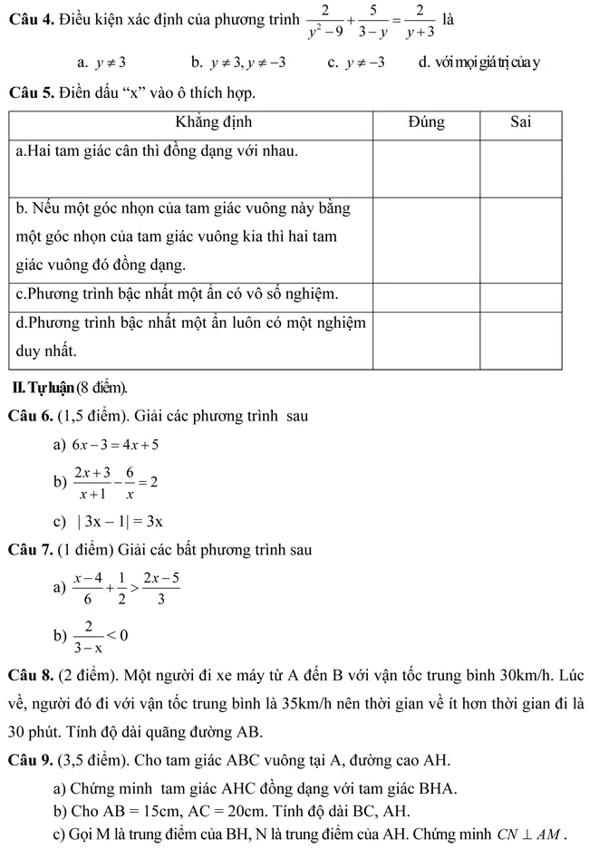 Đề kiểm tra học kì II lớp 8 môn Toán – Phòng Giáo dục Bảo Lộc, Lâm Đồng (Đề 3)