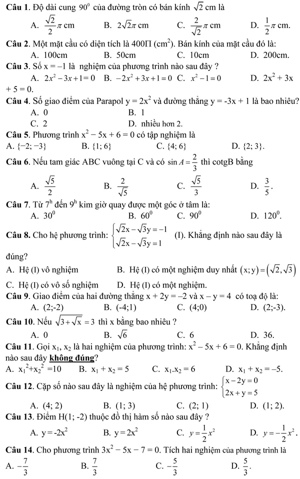 Đề kiểm tra học kì II lớp 9 môn Toán – Phòng Giáo dục Cát Tiên, Lâm Đồng (Đề 13)