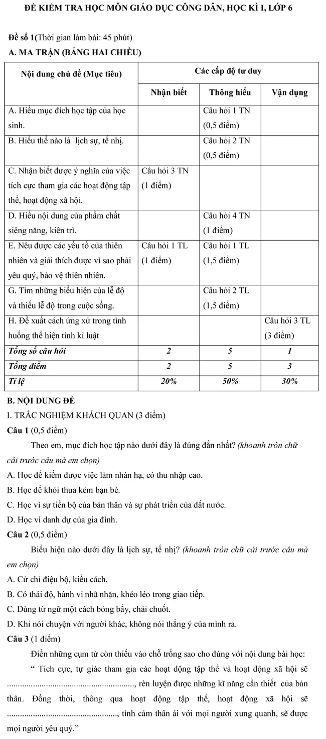 Đề kiểm tra học kì II môn Giáo dục công dân lớp 6 – Đề số 2