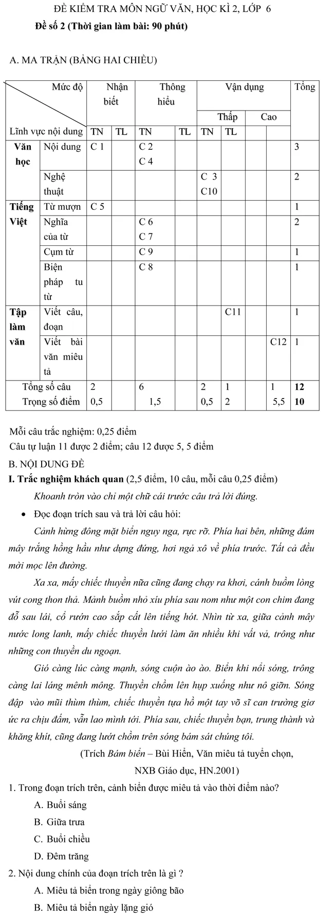 Đề kiểm tra học kì II môn Ngữ văn lớp 6 – Đề số 2