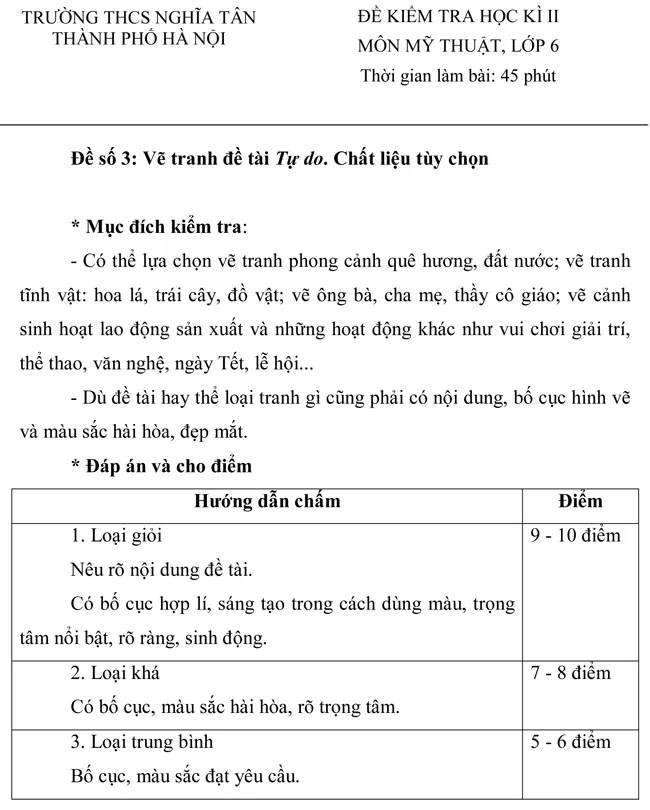 Đề kiểm tra học kì II trường THCS Nghĩa Tân môn Mỹ thuật lớp 6 – Đề số 7