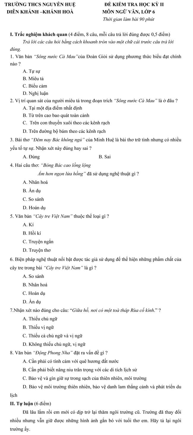 Đề kiểm tra học kì II trường THCS Nguyễn Huệ môn Ngữ văn lớp 6