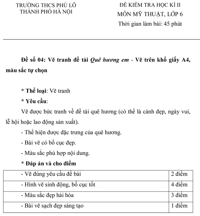 Đề kiểm tra học kì II trường THCS Phù Lỗ môn Mỹ thuật lớp 6 – Đề số 4