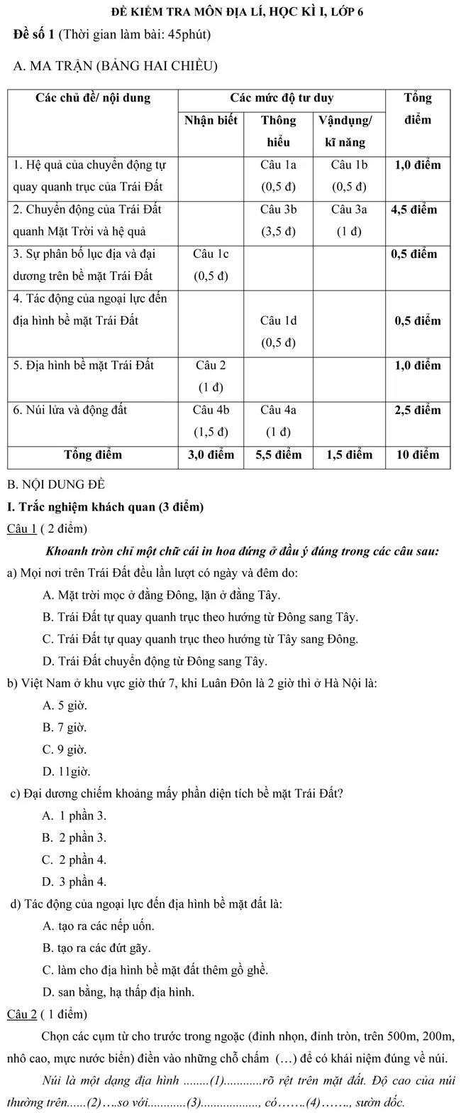 Đề kiểm tra học kỳ I môn Địa lí lớp 6 – Đề số 1