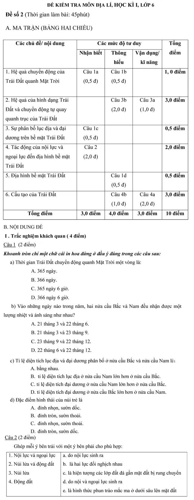 Đề kiểm tra học kỳ I môn Địa lí lớp 6 – Đề số 2