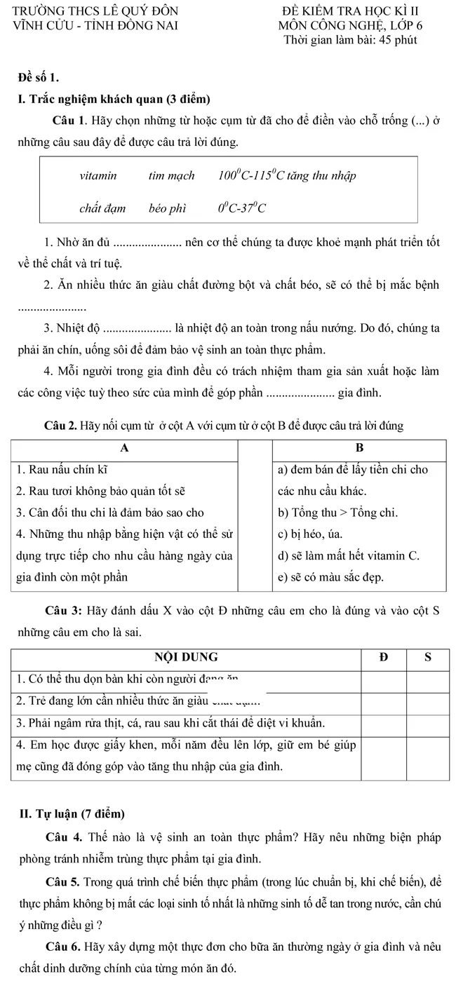 Đề kiểm tra học kỳ II môn Công nghệ lớp 6 – Đề số 1 (tỉnh Đồng Nai)