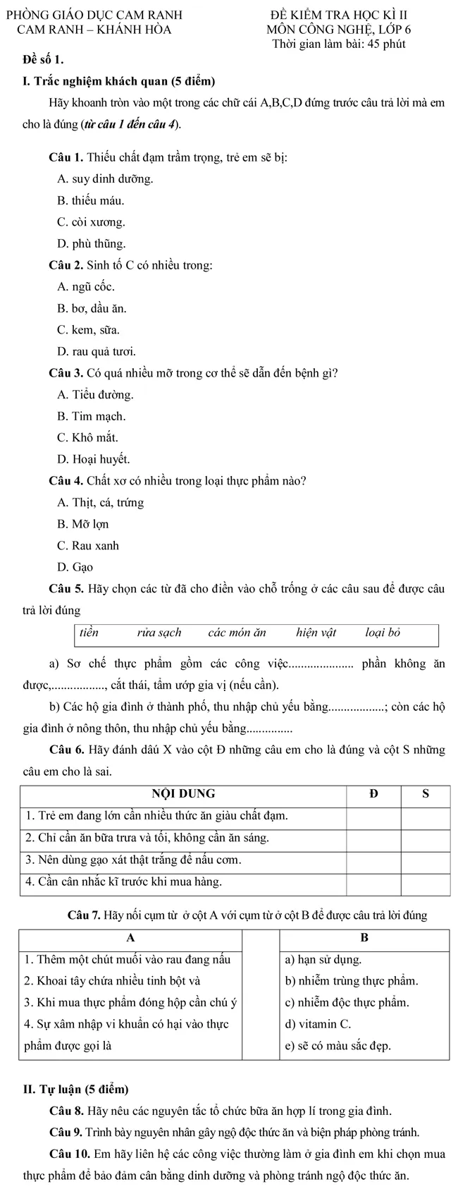 Đề kiểm tra học kỳ II môn Công nghệ lớp 6 – Đề số 1 (tỉnh Khánh Hòa)