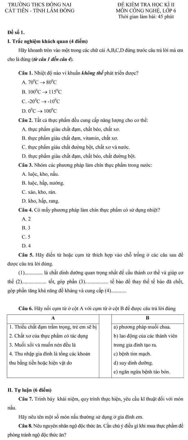 Đề kiểm tra học kỳ II môn Công nghệ lớp 6 – Đề số 1 (tỉnh Lâm Đồng)