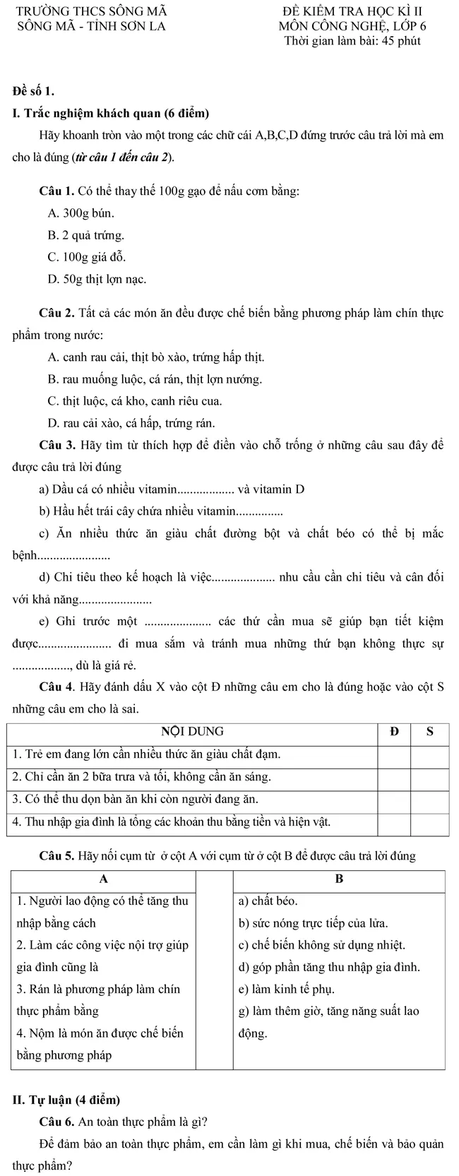 Đề kiểm tra học kỳ II môn Công nghệ lớp 6 – Đề số 1 (tỉnh Sơn La)