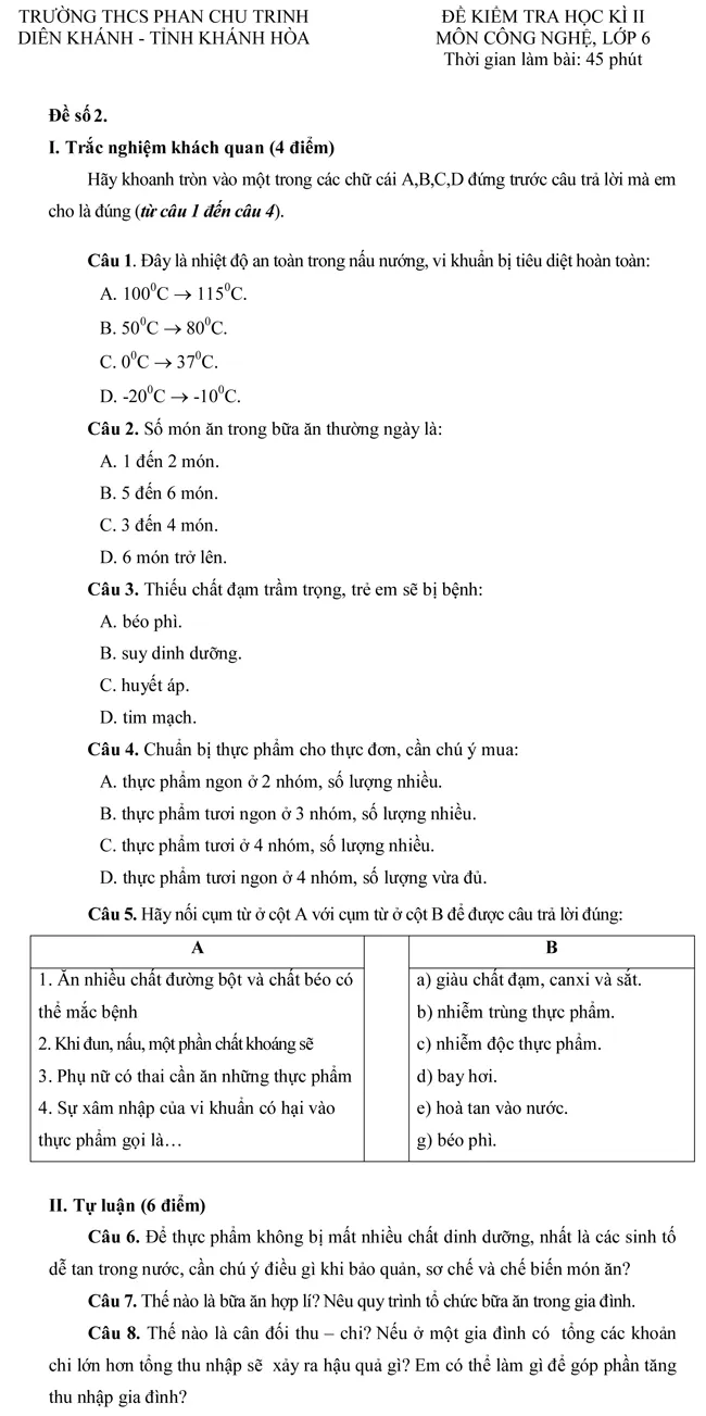 Đề kiểm tra học kỳ II môn Công nghệ lớp 6 – Đề số 2 (tỉnh Khánh Hòa)