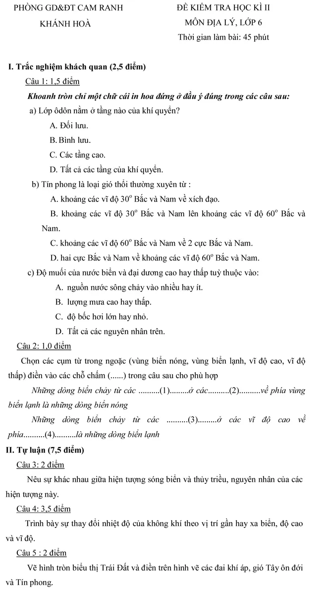 Đề kiểm tra học kỳ II môn Địa lí lớp 6 – Đề số 1 (Khánh Hòa)