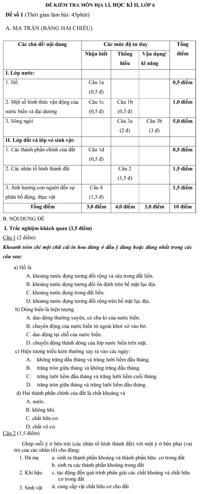 Đề kiểm tra học kỳ II môn Địa lí lớp 6 – Đề số 1