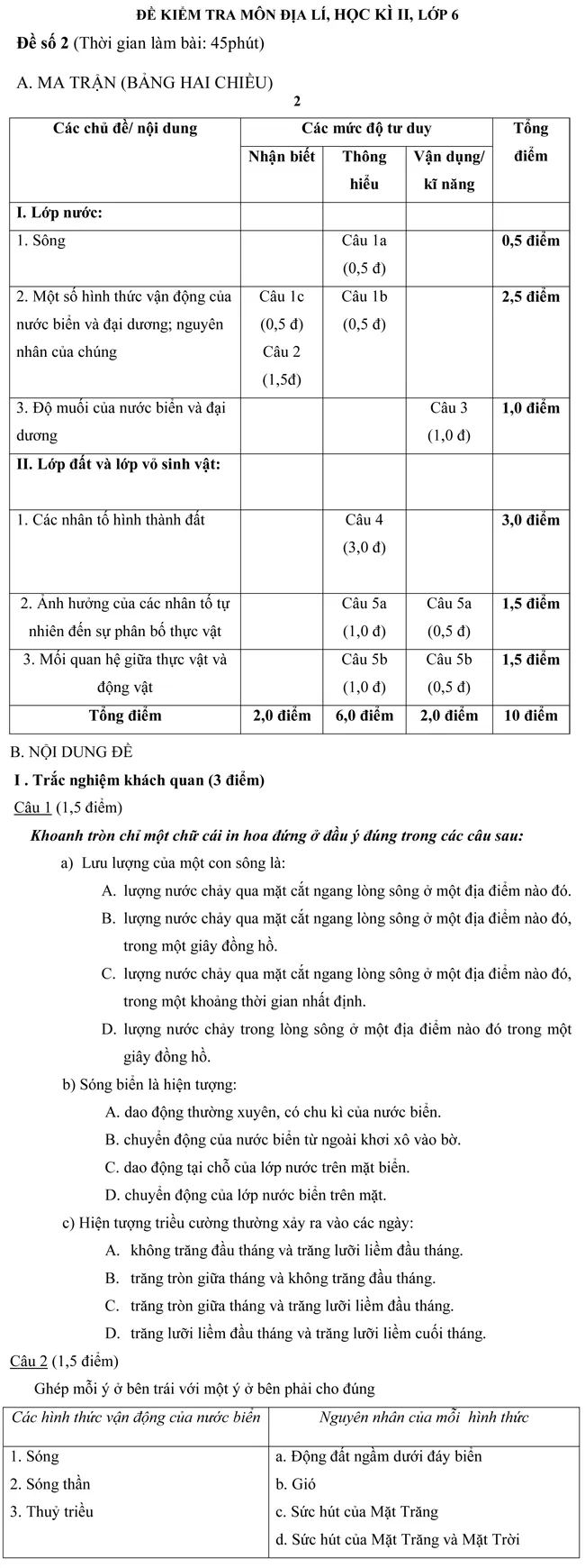 Đề kiểm tra học kỳ II môn Địa lí lớp 6 – Đề số 2