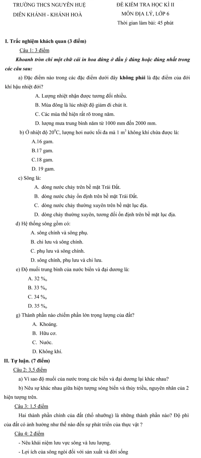 Đề kiểm tra học kỳ II môn Địa lí lớp 6 – Đề số 3 (Khánh Hòa)