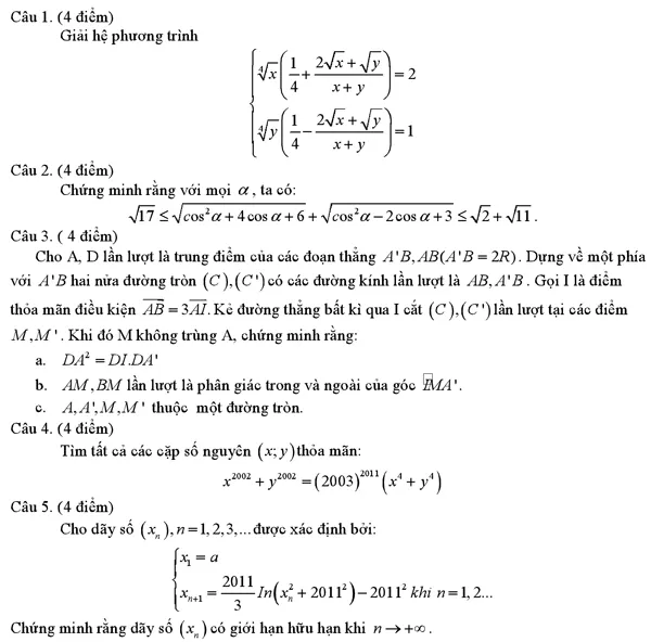 Đề thi chọn đội tuyển học sinh giỏi Toán lớp 12 cấp thành phố năm 2011 – 2012