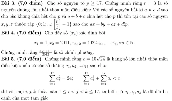 Đề thi chọn đội tuyển tham dự kì thi Olympic Toán Quốc tế năm 2012