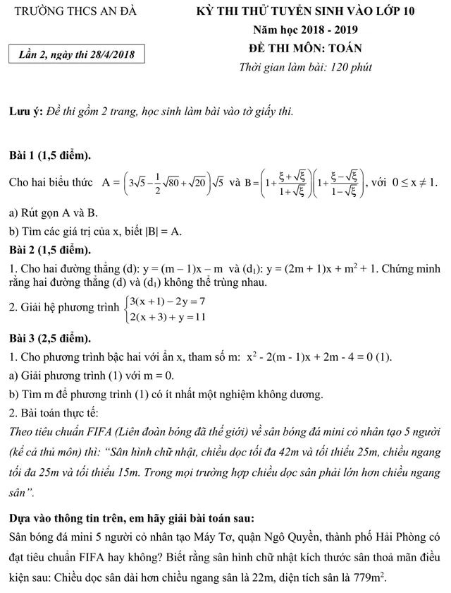 Đề thi thử vào lớp 10 môn Toán năm học 2018 – 2019 trường THCS An Đà, Hải Phòng (Có đáp án)