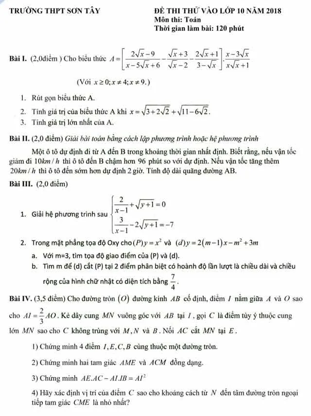 Đề thi thử vào lớp 10 môn Toán năm học 2018 – 2019 trường THPT Sơn Tây, Hà Nội